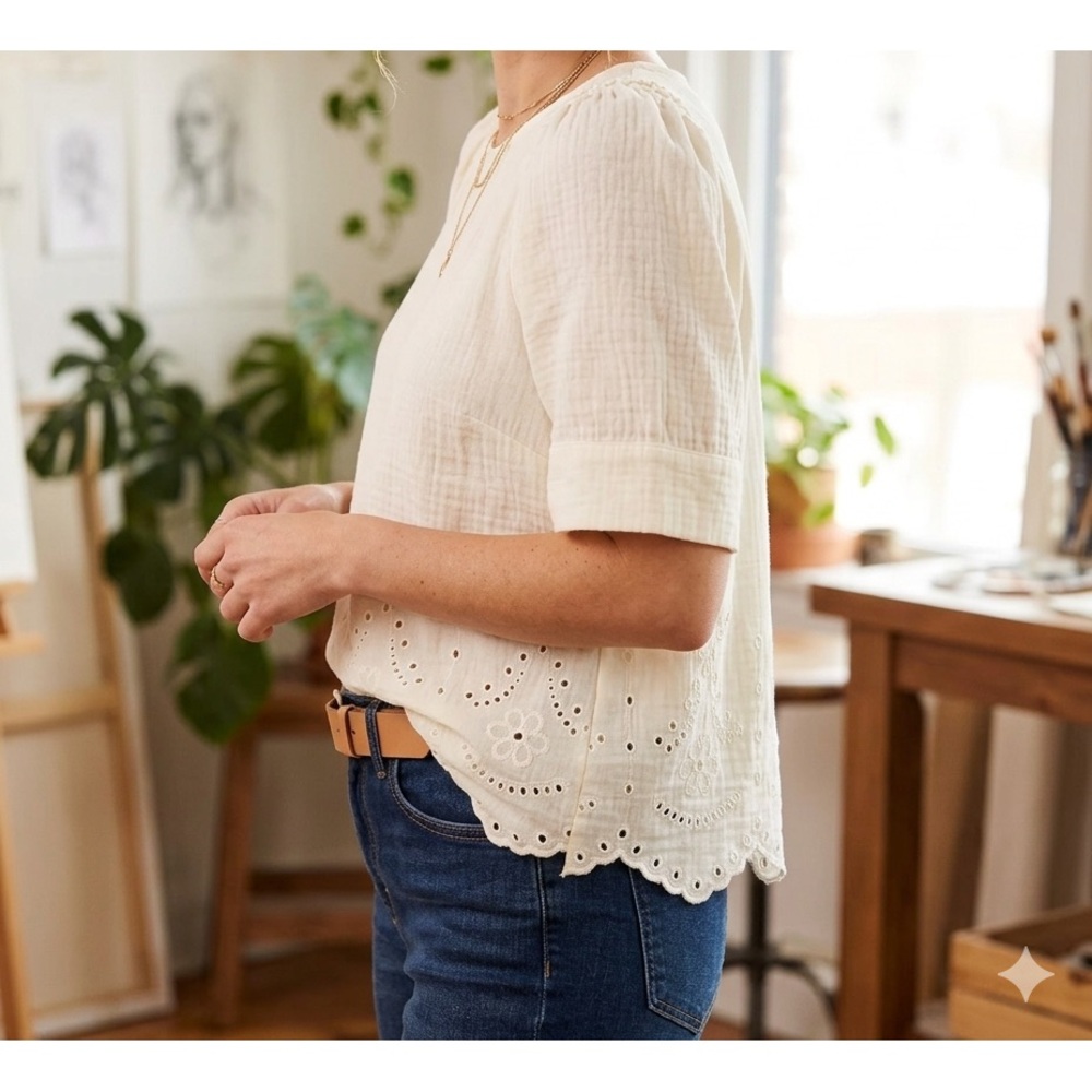 Chelsea & Theodore Cream Eyelet Puff-Sleeve Top